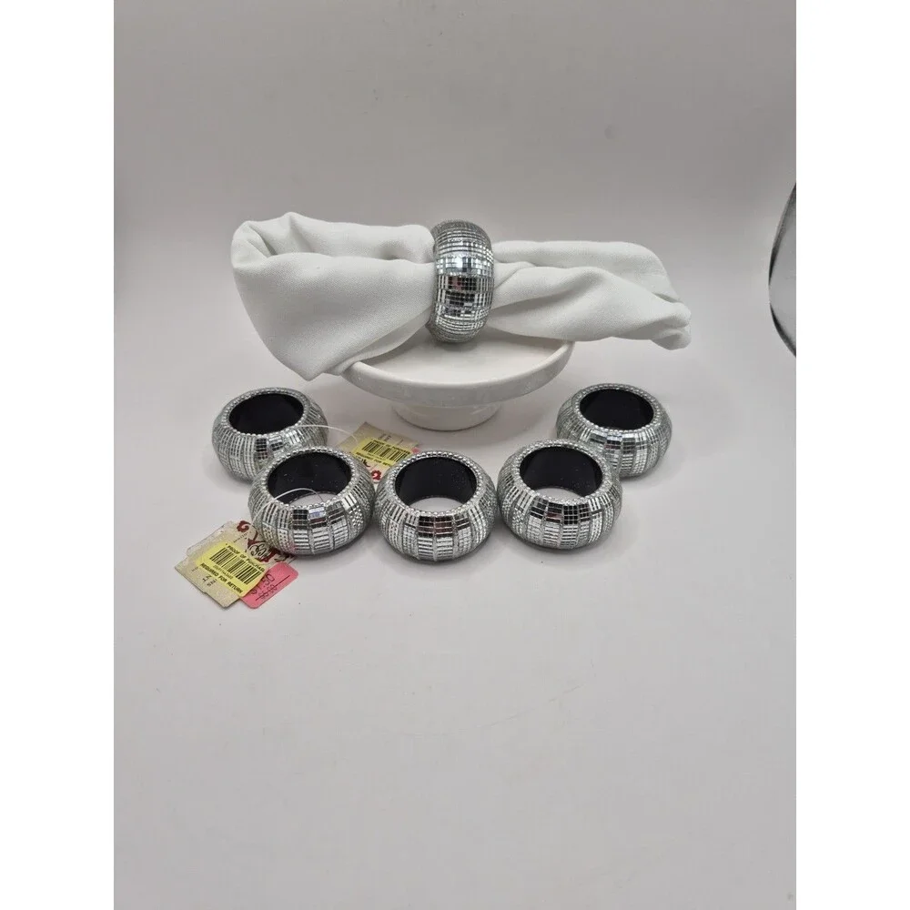 Silver Napkin Rings ( Set Of 6) Elegant Round Mirrored 2”x1”